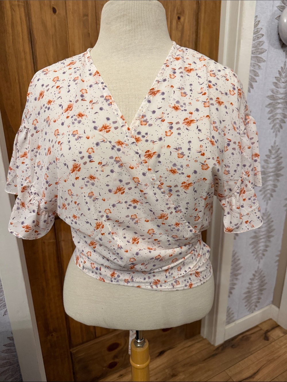 Wrap-Style Floral Blouse in White with Orange & Lavender Print
